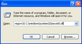 รูปแสดง หน้าต่าง Run ที่มีการพิมพ์คำสั่ง เพื่อลงทะเบียน DLL file